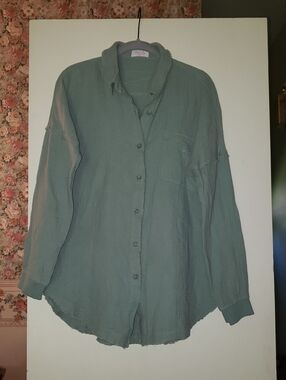 Sage Button Front Gauze Top